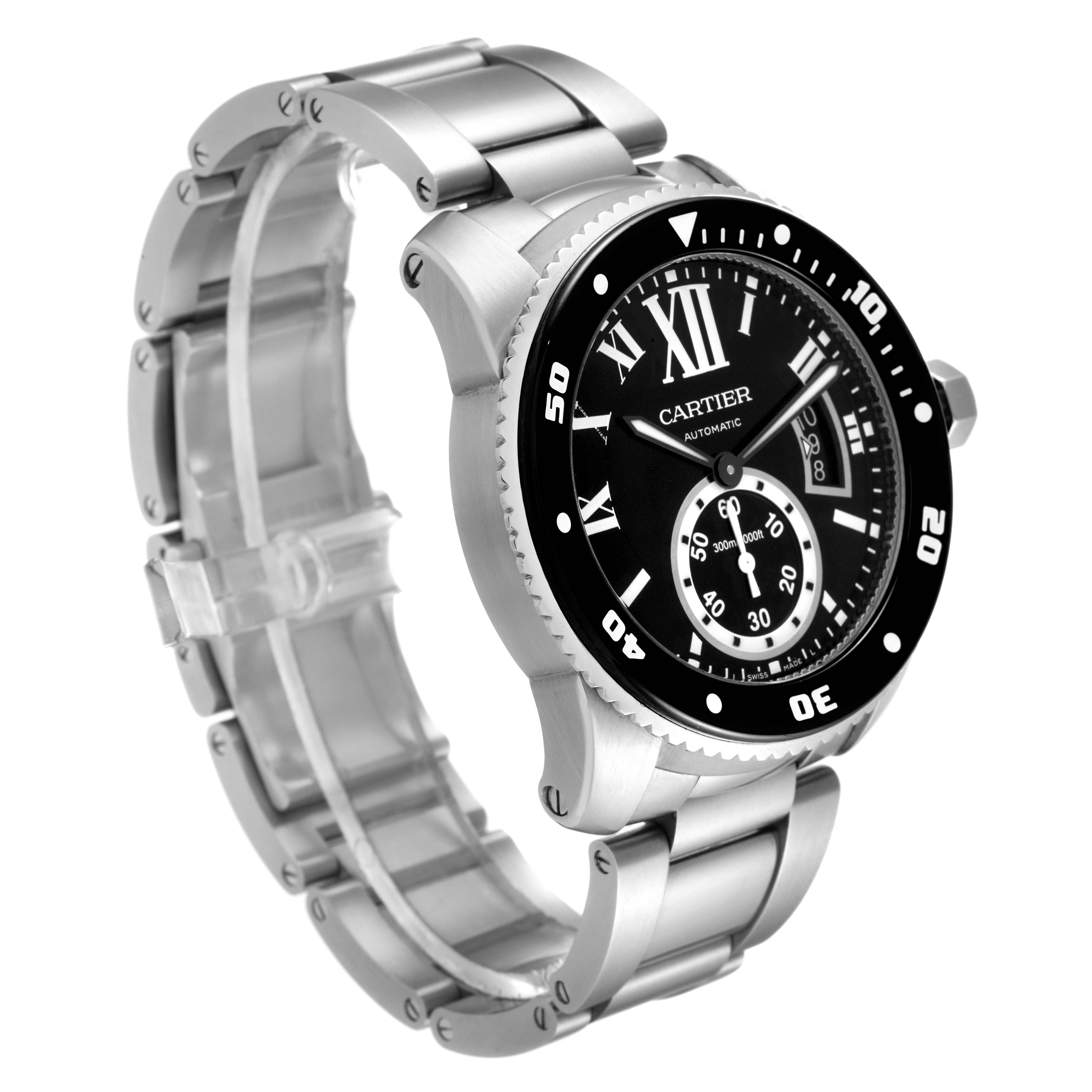 The image shows a side angle of the Calibre de Cartier watch by Cartier, highlighting the dial, bezel, and metal bracelet.