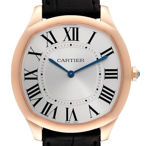 The image shows the face of a Drive de Cartier watch by Cartier, displaying its Roman numerals and blue hands.
