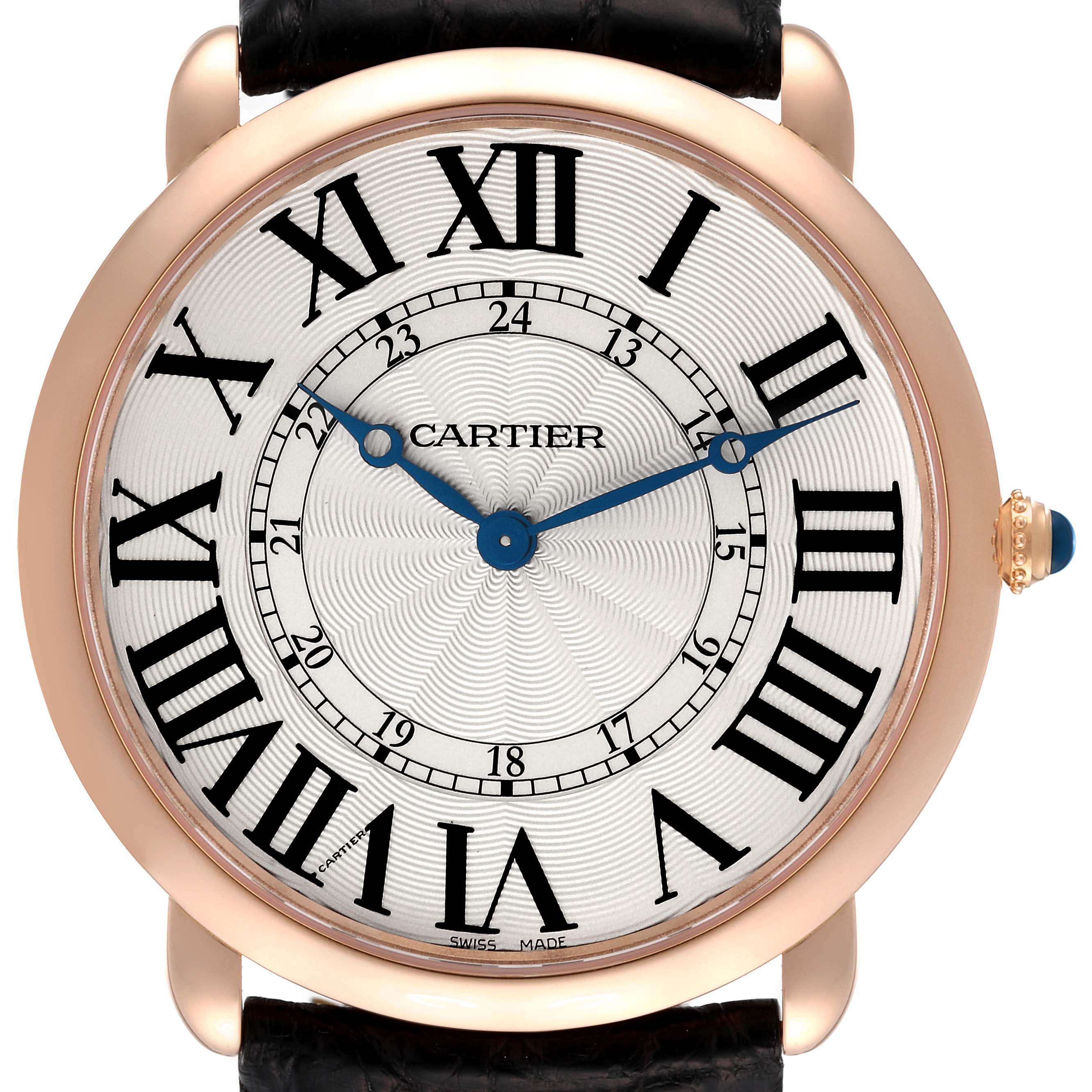 The image shows a front view of a Cartier Ronde W6801004 Men's Rose Gold Silver Dial W6801004 Men's Rose Gold Silver Dial model watch, highlighting its dial, Roman numerals, and crown.