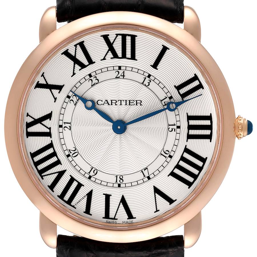 The image shows a front view of a Cartier Ronde W6801004 Men's Rose Gold Silver Dial W6801004 Men's Rose Gold Silver Dial model watch, highlighting its dial, Roman numerals, and crown.