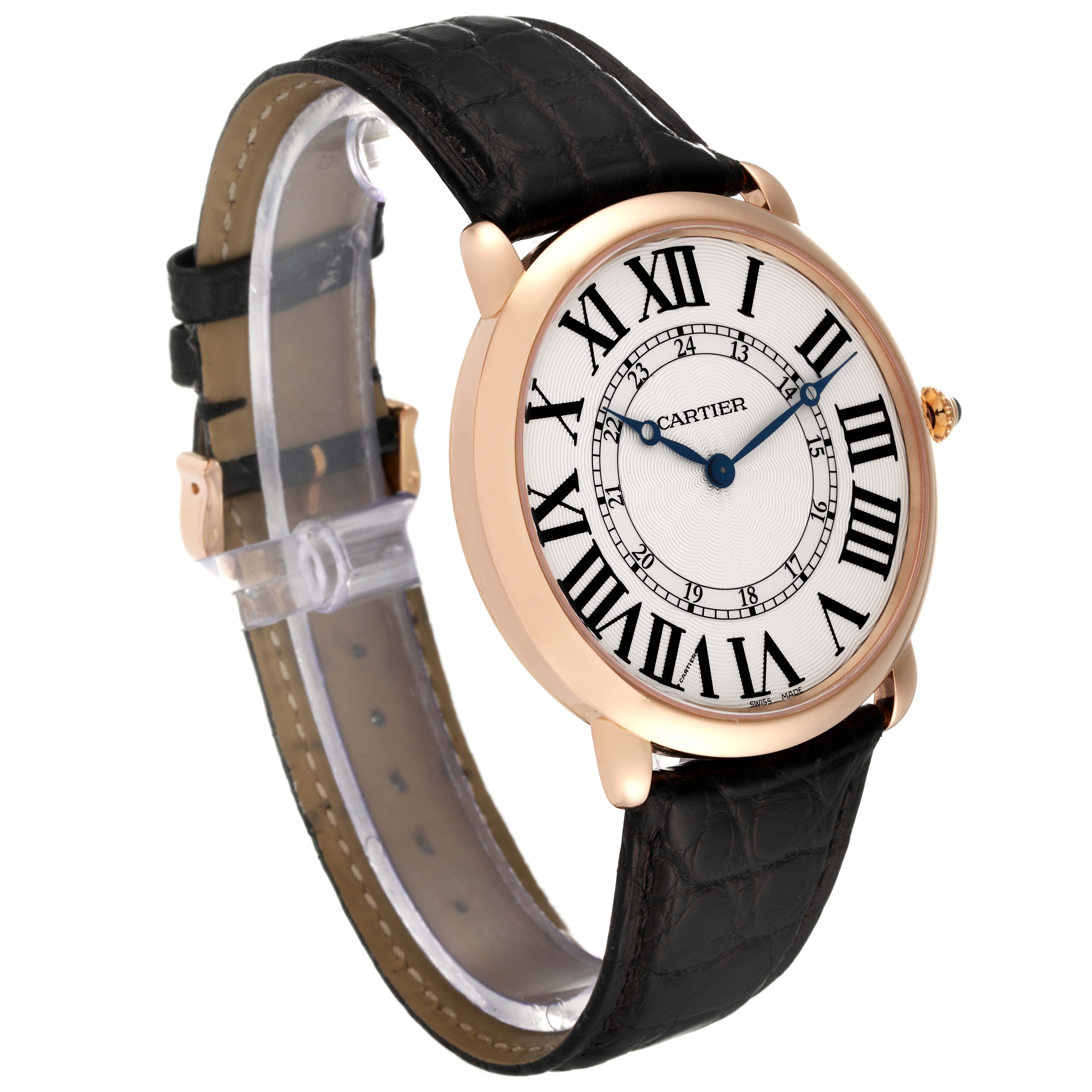 This image shows a Cartier Ronde W6801004 Men's Rose Gold Silver Dial W6801004 Men's Rose Gold Silver Dial watch at a slight angle, demonstrating the watch face, leather band, and side profile.