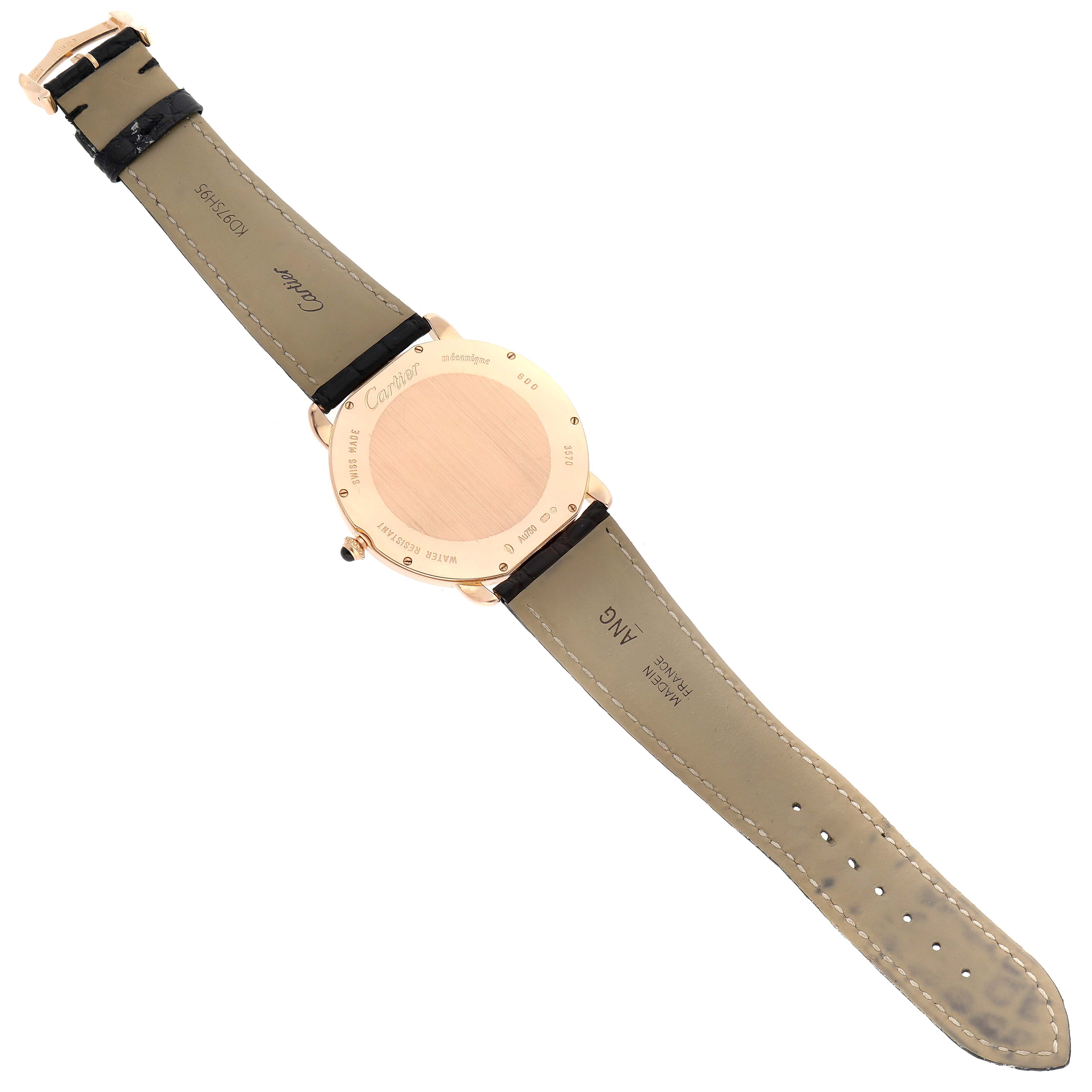 This image shows the back case and straps of the Cartier Ronde W6801004 Men's Rose Gold Silver Dial W6801004 Men's Rose Gold Silver Dial watch, viewed from a top-down angle.