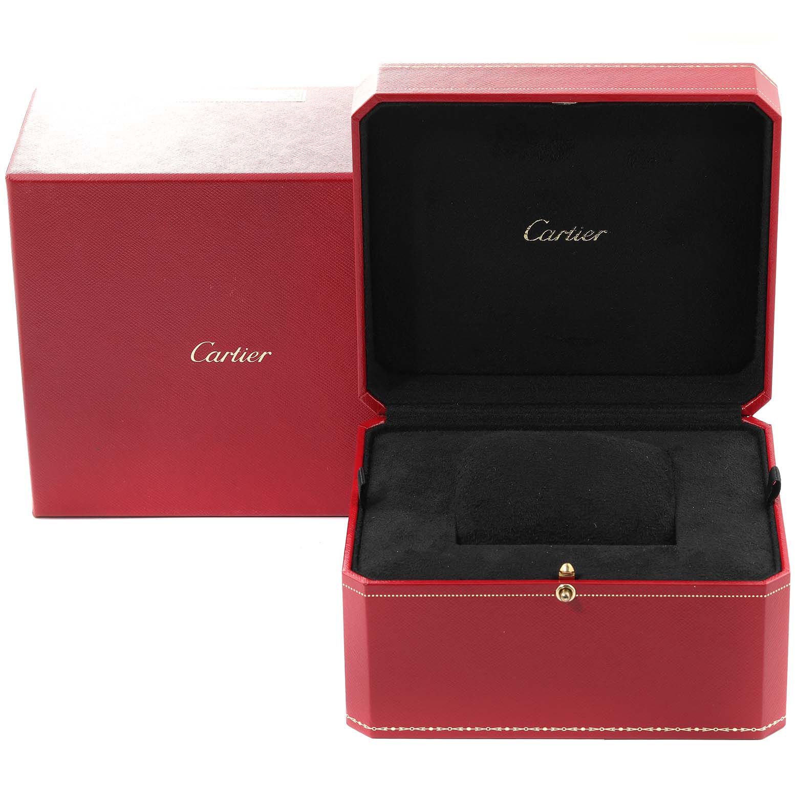 The image shows an open Cartier Rotonde W1550251 Men's Rose Gold Silver Dial W1550251 Men's Rose Gold Silver Dial watch box with a red exterior and a black interior.