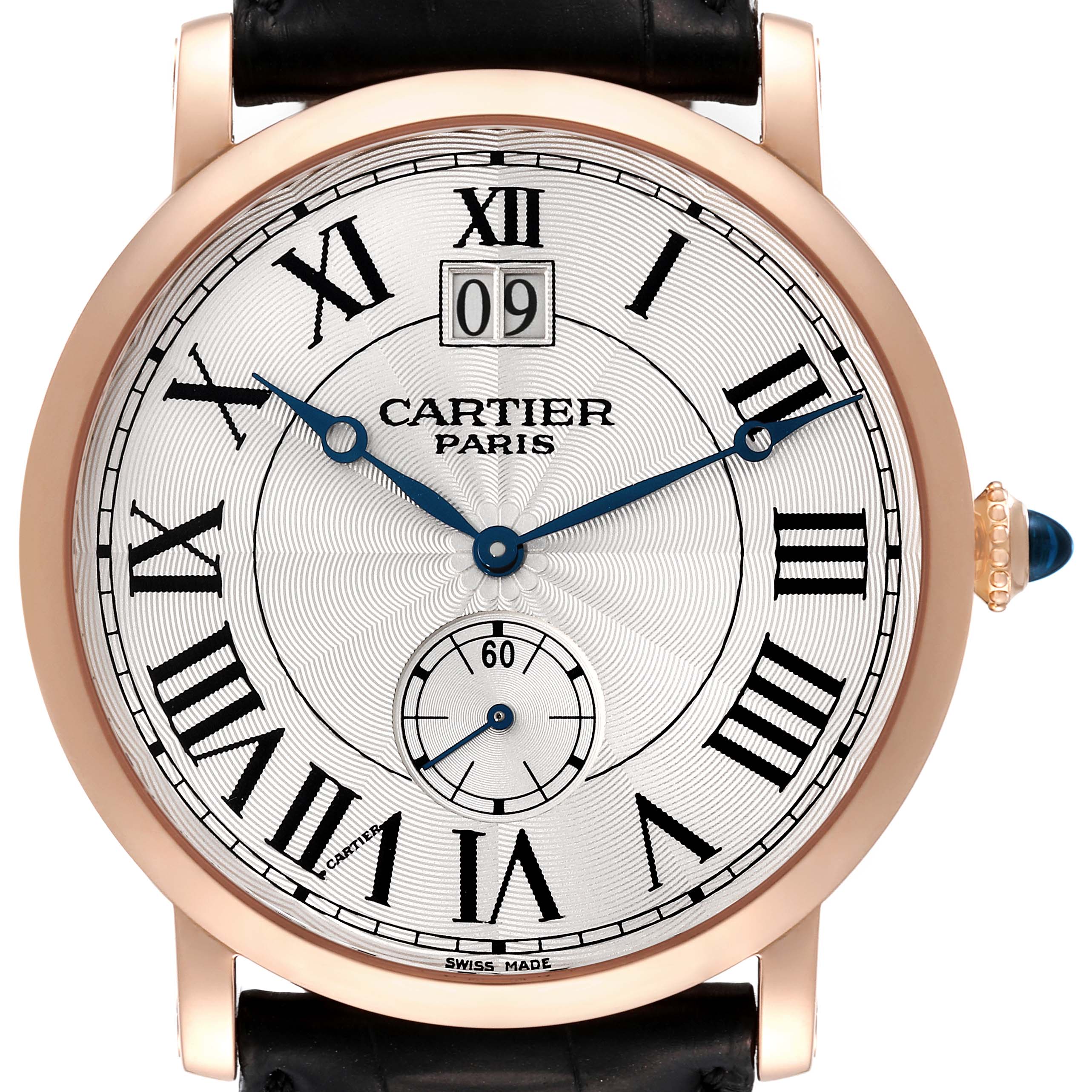 This image shows a front view of the Cartier Rotonde W1550251 Men's Rose Gold Silver Dial W1550251 Men's Rose Gold Silver Dial watch, displaying the dial, Roman numerals, hands, and a date window.