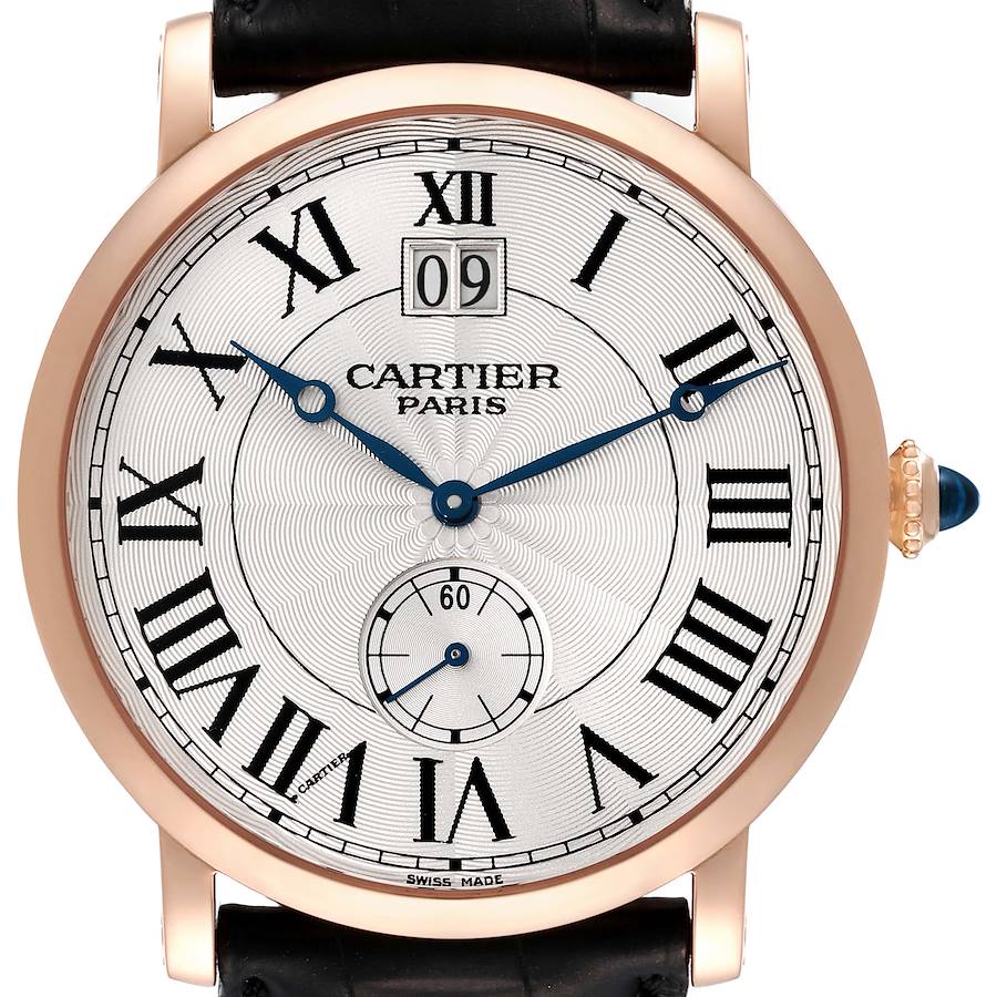 This image shows a front view of the Cartier Rotonde W1550251 Men's Rose Gold Silver Dial W1550251 Men's Rose Gold Silver Dial watch, displaying the dial, Roman numerals, hands, and a date window.