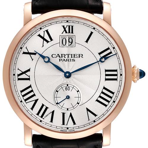 This is a close-up of the Cartier Rotonde W1550251 Men's Rose Gold Silver Dial W1550251 Men's Rose Gold Silver Dial watch, showing the dial, Roman numerals, blue hands, sub-dial, and crown with a blue gem.