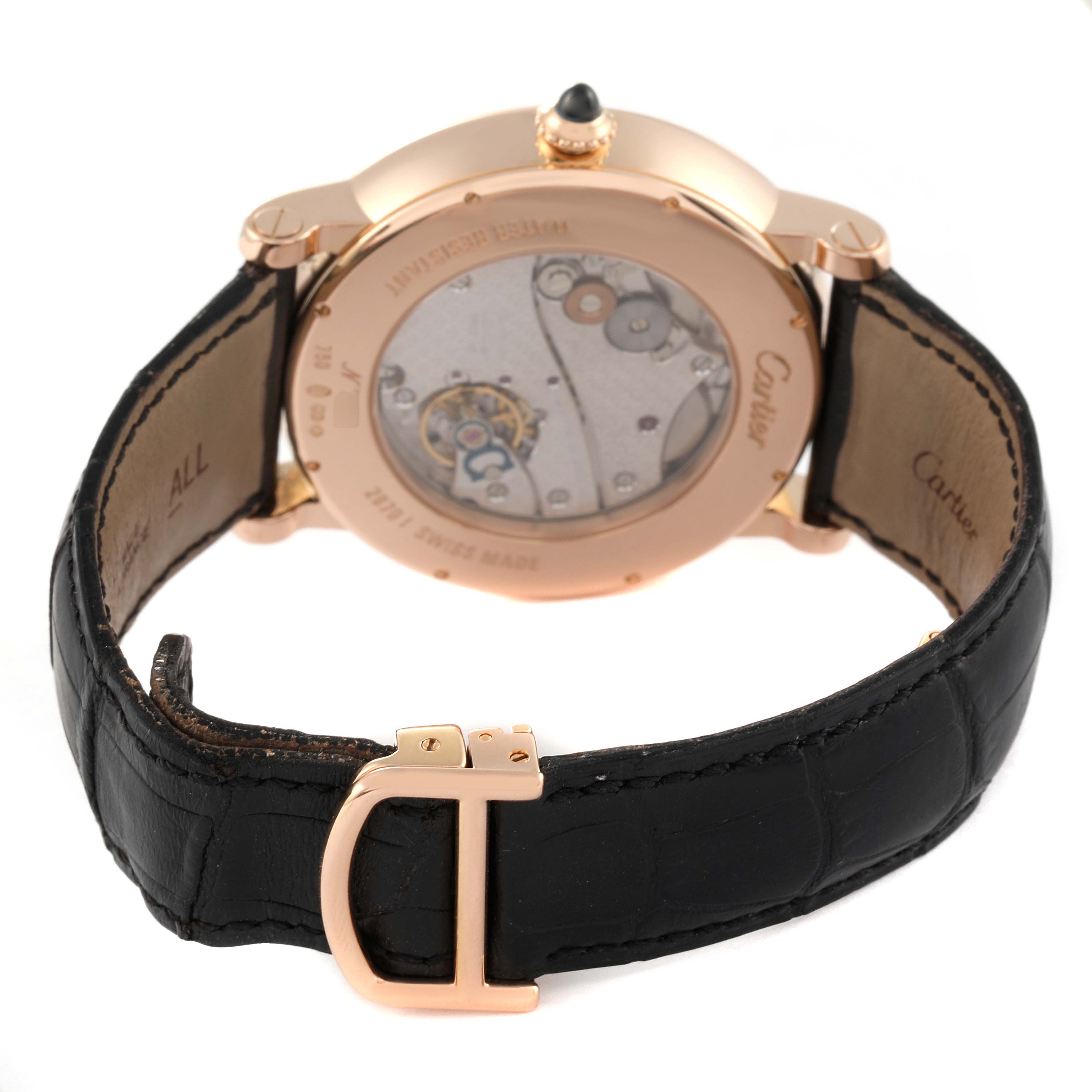 The image shows the back view of a Cartier Rotonde W1550251 Men's Rose Gold Silver Dial W1550251 Men's Rose Gold Silver Dial watch, highlighting the movement mechanism, strap, and buckle.