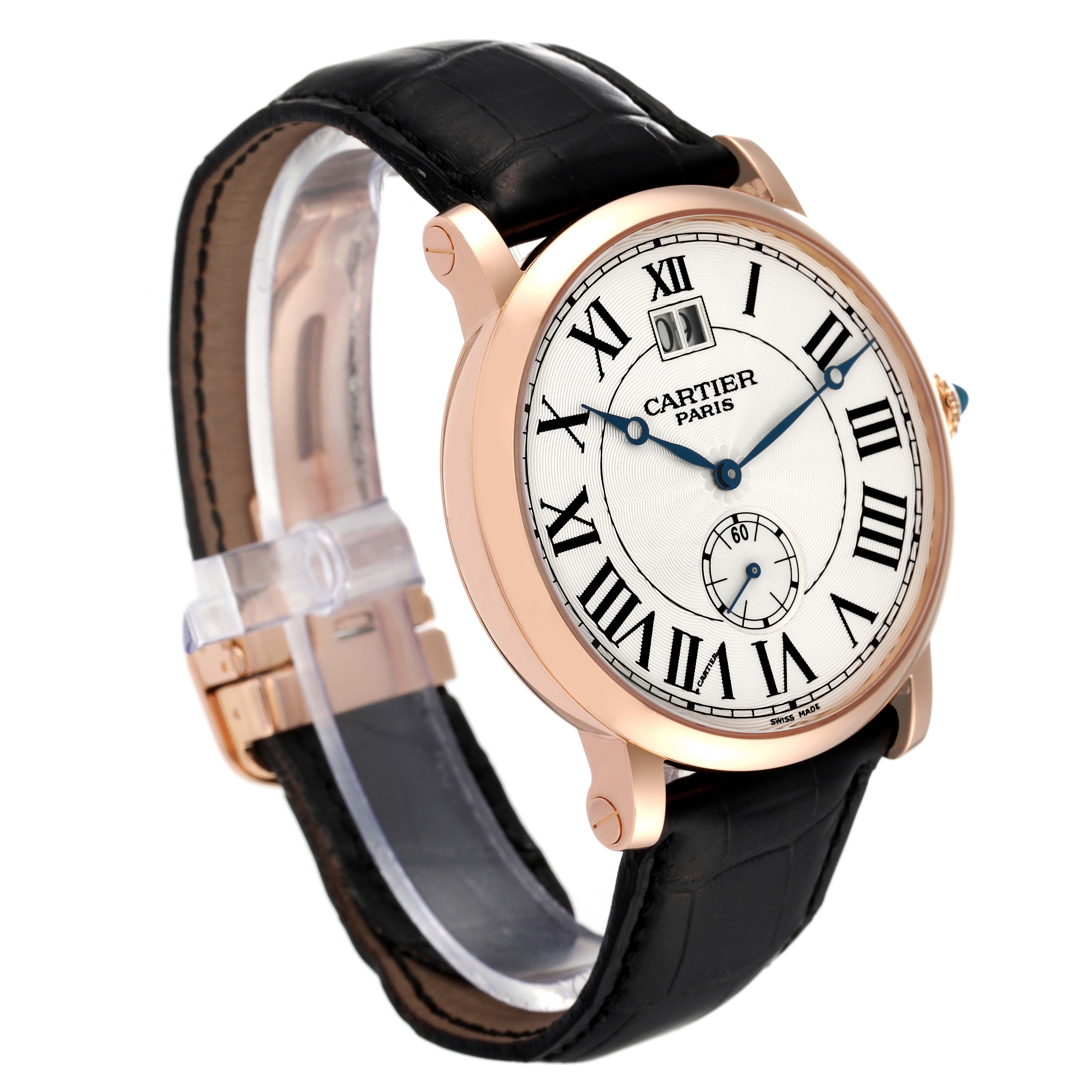 The image shows a Cartier Rotonde W1550251 Men's Rose Gold Silver Dial W1550251 Men's Rose Gold Silver Dial watch angled slightly to the left, highlighting the watch face, strap, and side view of the case.