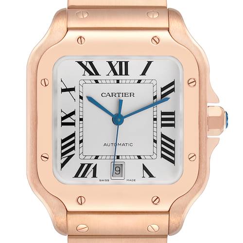 The Cartier Santos WGSA0018 Men's Rose Gold Silver Dial WGSA0018 Men's Rose Gold Silver Dial watch is shown from a front angle, highlighting its face, crown, and part of the bracelet.