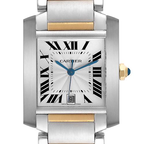 The Cartier Tank Française watch is shown head-on, featuring the square dial, Roman numerals, date window, and part of the bracelet.