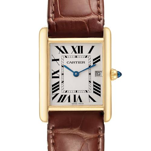 The Cartier Tank Louis W1529756 Men's Yellow Gold Silver Dial W1529756 Men's Yellow Gold Silver Dial watch is shown from a frontal angle, displaying its rectangular face, Roman numerals, blue hands, crown, and leather strap.