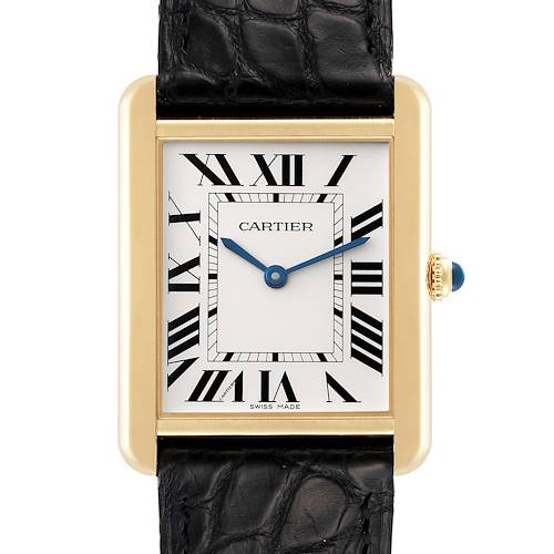 The image shows a face-on view of the Cartier Tank Solo W5200004 Men's Yellow Gold Silver Dial W5200004 Men's Yellow Gold Silver Dial watch, highlighting its rectangular dial, Roman numerals, and black leather strap.