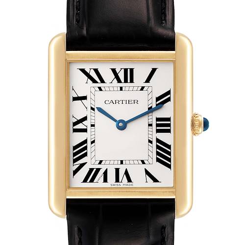 The image shows a close-up, front view of the Cartier Tank Solo W1018855 Men's Yellow Gold Silver Dial W1018855 Men's Yellow Gold Silver Dial watch face with its Roman numerals and leather strap.