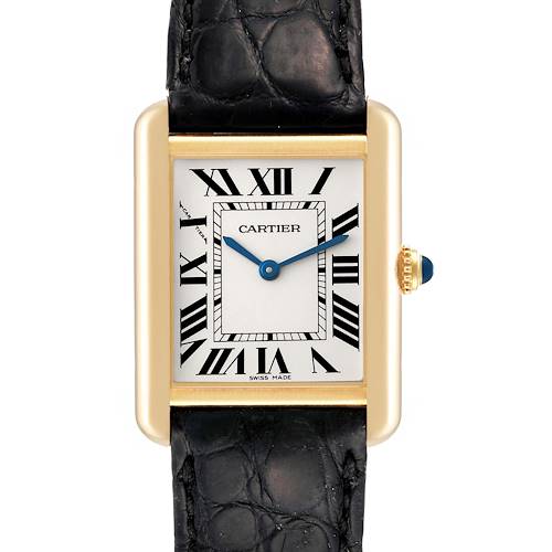 This image shows a front view of a Cartier Tank Solo W5200002 Women's Yellow Gold Silver Dial W5200002 Women's Yellow Gold Silver Dial watch, highlighting the dial, Roman numerals, and strap.
