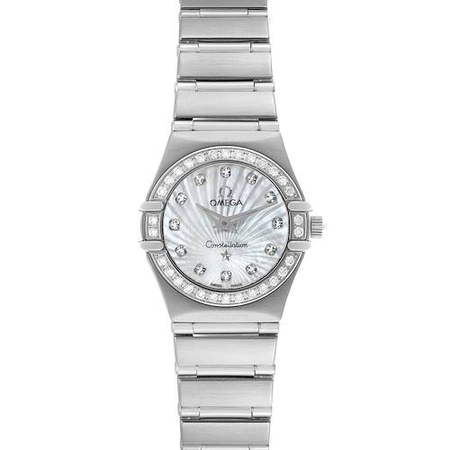 The Omega 111.15.23.60.55.001 Women's Stainless Steel Mother of Pearl Dial 111.15.23.60.55.001 Women's Stainless Steel Mother of Pearl Dial Constellation Diamond Mother Of Pearl Dial Steel Ladies Watch 1475.71.00 is shown from a front angle, featuring the dial, bezel, and bracelet.