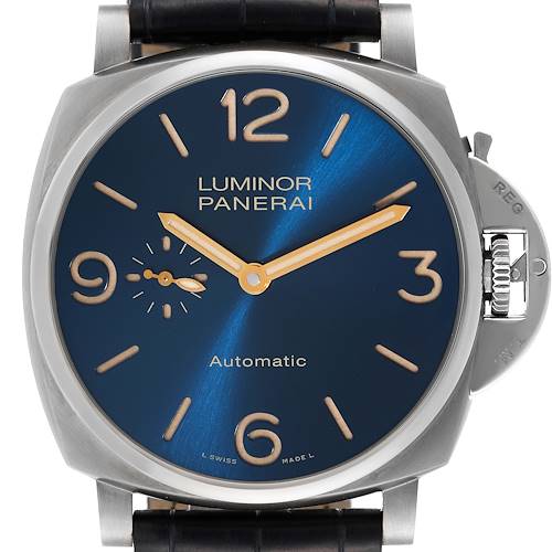 The image shows a front view of the Panerai Luminor Due PAM00729 Men's Titanium Blue Dial PAM00729 Men's Titanium Blue Dial watch, highlighting its blue dial, gold hands, and signature crown guard.