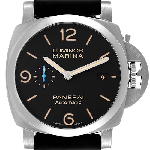 This image is a front view of a Panerai Luminor PAM01312 Men's Stainless Steel Black Dial PAM01312 Men's Stainless Steel Black Dial Marina watch showing the dial, hands, and date window.