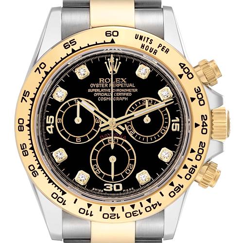 This image shows a front view of a Rolex Daytona 116503 Men's Steel and Gold (two tone) Black Dial 116503 Men's Steel and Gold (two tone) Black Dial watch, highlighting its dial, bezel, and chronograph pushers.