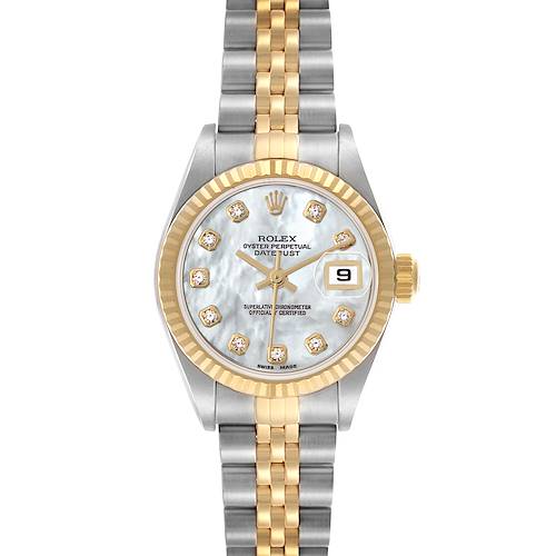 The Rolex Datejust 79173 Women's Steel and Gold (two tone) Mother of Pearl Dial 79173 Women's Steel and Gold (two tone) Mother of Pearl Dial watch is shown from a top view, highlighting the two-tone bracelet, fluted bezel, and diamond hour markers.