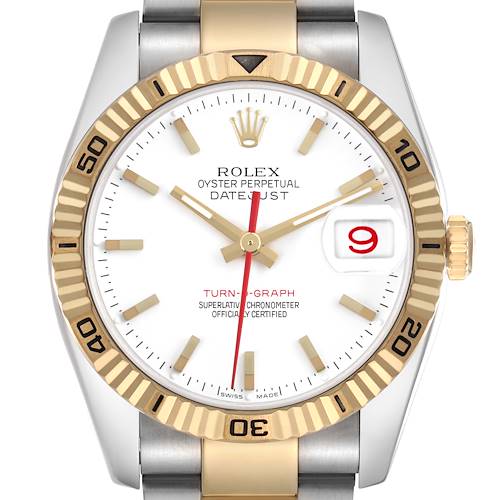 The Rolex Turn-o-Graph 116263 Men's Steel and Gold (two tone) White Dial 116263 Men's Steel and Gold (two tone) White Dial watch is shown from the front, highlighting its bezel, dial, hands, markers, and crown.