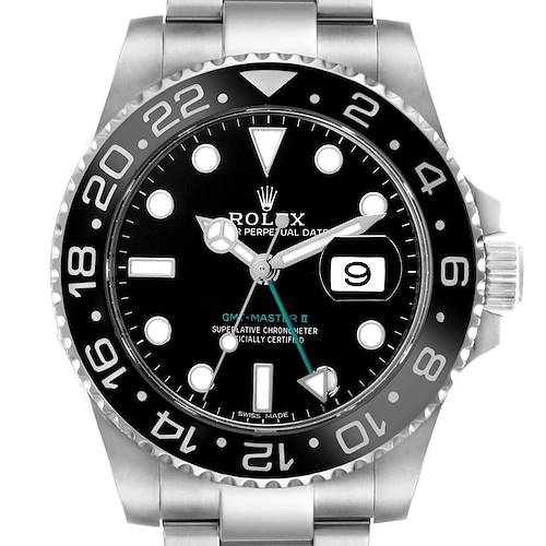 The Rolex GMT-Master 116710 Men's Stainless Steel Black Dial 116710 Men's Stainless Steel Black Dial II watch is shown from the front, displaying its dial, bezel, and part of the bracelet.