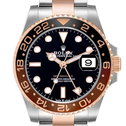 The image shows a frontal view of the Rolex GMT-Master 126711 Men's Steel and Gold (two tone) Black Dial 126711 Men's Steel and Gold (two tone) Black Dial II watch, highlighting its bezel, dial, and bracelet.