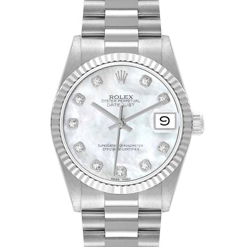 This image shows a frontal view of the Rolex President 68279 Women's White Gold Mother of Pearl Dial 68279 Women's White Gold Mother of Pearl Dial model watch with its face, bezel, and part of the bracelet visible.