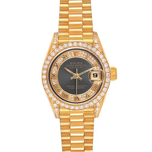 The Rolex President 69158 Women's Yellow Gold Grey Dial 69158 Women's Yellow Gold Grey Dial watch is shown from a top-down angle, displaying the face, bezel with diamonds, and part of the bracelet.