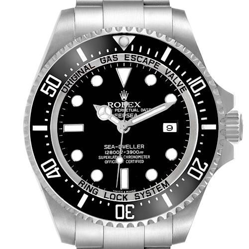 The Rolex Sea-Dweller 116660 Men's Stainless Steel Black Dial 116660 Men's Stainless Steel Black Dial watch is shown from the front, featuring its dial, bezel, crown, and part of the bracelet.