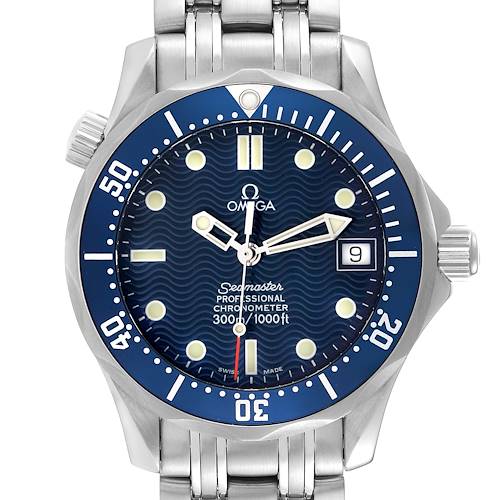 The image shows a front view of an Omega Seamaster 2551.80.00 Men's Stainless Steel Blue Dial 2551.80.00 Men's Stainless Steel Blue Dial watch, displaying its dial, bezel, hands, bracelet, and crown.
