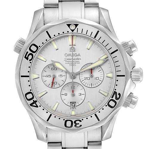 The image shows a front view of the Omega Seamaster 2589.30.00 Men's Stainless Steel Silver Dial 2589.30.00 Men's Stainless Steel Silver Dial watch, displaying its bezel, dial, hands, and bracelet.