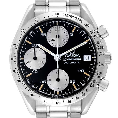 The image shows a front view of the Omega Seamaster 3511.50.00 Men's Stainless Steel Black Dial 3511.50.00 Men's Stainless Steel Black Dial watch, highlighting the dial, subdials, tachymeter, and date display.