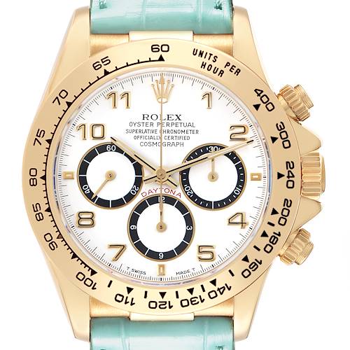 The image shows a frontal view of a Rolex Daytona 16518 Men's Yellow Gold White Dial 16518 Men's Yellow Gold White Dial watch, highlighting the dial, bezel, and chronograph features.