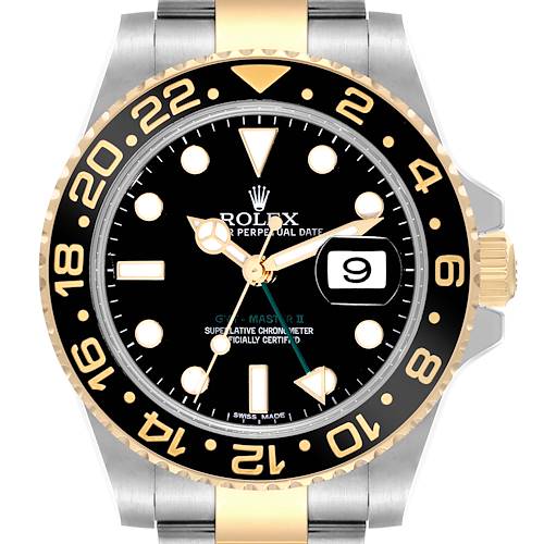 This image shows the front view of a Rolex GMT-Master 116713 Men's Steel and Gold (two tone) Black Dial 116713 Men's Steel and Gold (two tone) Black Dial II watch, highlighting the bezel, dial, hands, date window, and part of the bracelet.