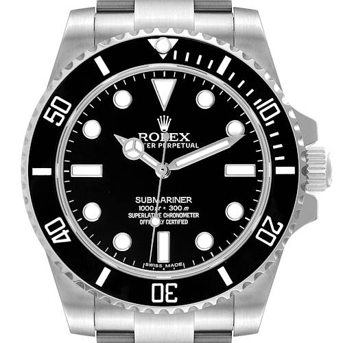 This is a front view of the Rolex Submariner 114060 Men's Stainless Steel Black Dial 114060 Men's Stainless Steel Black Dial showing the dial, bezel, crown, and part of the bracelet.