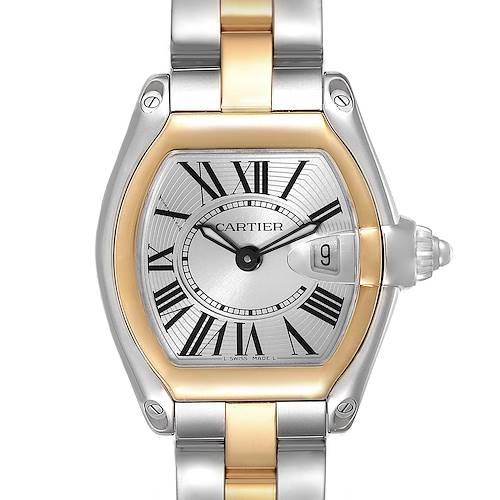 The image shows a Cartier Roadster W62026Y4 Women's Steel and Gold (two tone) Silver Dial W62026Y4 Women's Steel and Gold (two tone) Silver Dial watch from a front angle, displaying its face, bezel, crown, and part of the bracelet.