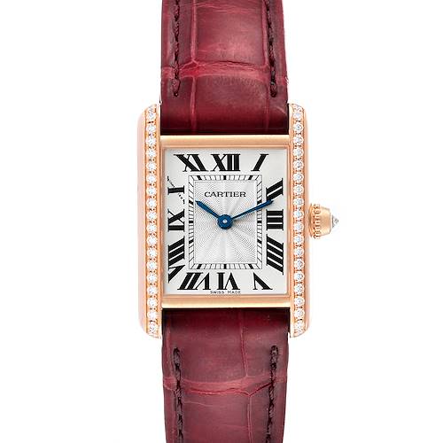 The image shows a front view of the Cartier Tank Louis WJTA0010 Women's Rose Gold Silver Dial WJTA0010 Women's Rose Gold Silver Dial watch, featuring a rectangular dial, Roman numeral markers, and a red leather strap.