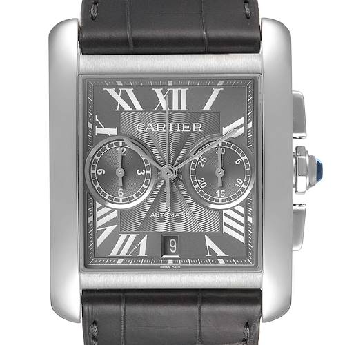 This is a front view of the Cartier Tank MC W5330008 Men's Stainless Steel Grey Dial W5330008 Men's Stainless Steel Grey Dial model, showing its dial, subdials, case, and part of the leather strap.
