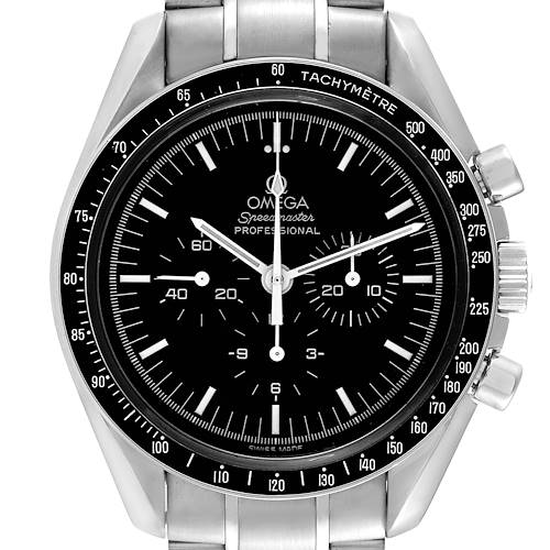 This image shows a front view of the Omega Speedmaster 3560.50.00 Men's Stainless Steel Black Dial 3560.50.00 Men's Stainless Steel Black Dial watch, highlighting its dial, tachymeter bezel, and chronograph pushers.