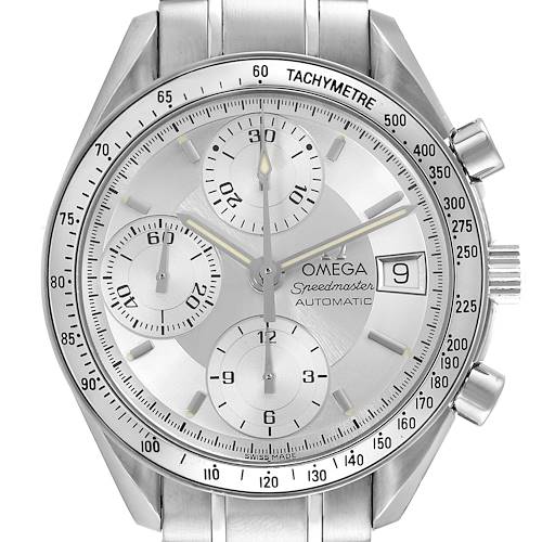 The image shows a close-up of the Omega Speedmaster 3513.30.00 Men's Stainless Steel Silver Dial 3513.30.00 Men's Stainless Steel Silver Dial watch face, displaying its chronograph dials, date window, and tachymeter bezel.
