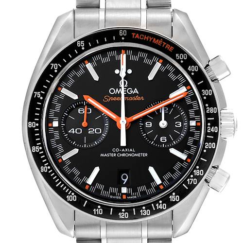 The Omega Speedmaster 329.30.44.51.01.002 Men's Stainless Steel Black Dial 329.30.44.51.01.002 Men's Stainless Steel Black Dial watch is shown from a front angle, displaying its dial, markers, subdials, and stainless steel bracelet.