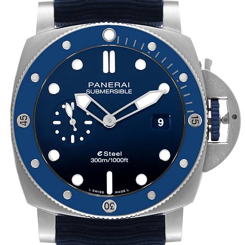 This image shows a front view of a Panerai Submersible PAM01289 Men's Stainless Steel Blue Dial PAM01289 Men's Stainless Steel Blue Dial watch displaying the dial, bezel, crown guard, and strap.