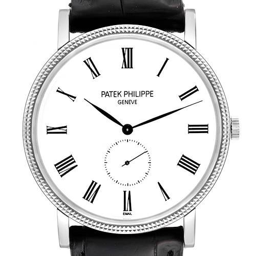The image shows a front view of the Patek Philippe Calatrava 5116G Men's White Gold White Dial 5116G Men's White Gold White Dial watch displaying its face, Roman numerals, and part of the black strap.