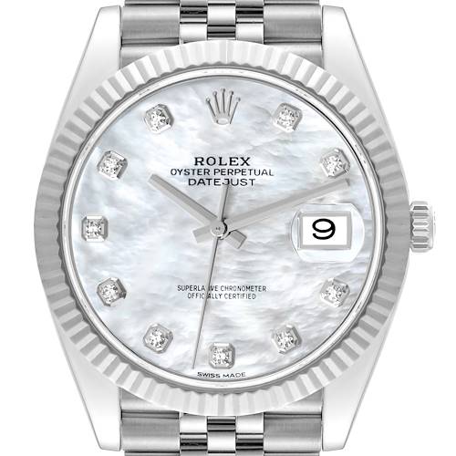 The image shows a front view of a Rolex Datejust 41 126334 Men's Stainless Steel Mother of Pearl Dial 126334 Men's Stainless Steel Mother of Pearl Dial watch with a white dial and diamond hour markers.