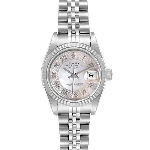 The image shows a front view of a Rolex Datejust 79174 Women's Stainless Steel Mother of Pearl Dial 79174 Women's Stainless Steel Mother of Pearl Dial watch, displaying its face, bezel, crown, and bracelet.