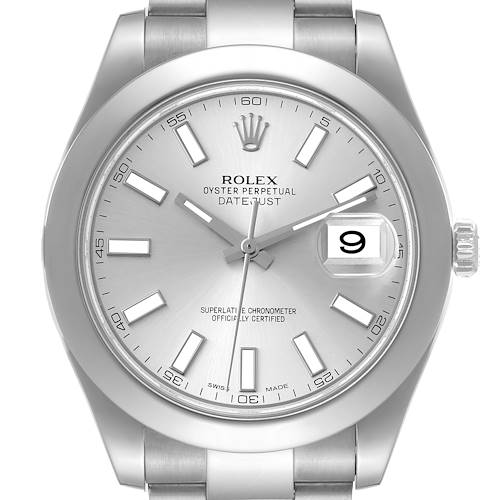 This image shows a front view of the Rolex Datejust 41 116300 Men's Stainless Steel Silver Dial 116300 Men's Stainless Steel Silver Dial watch, displaying its dial, hour markers, hands, date window, and crown.