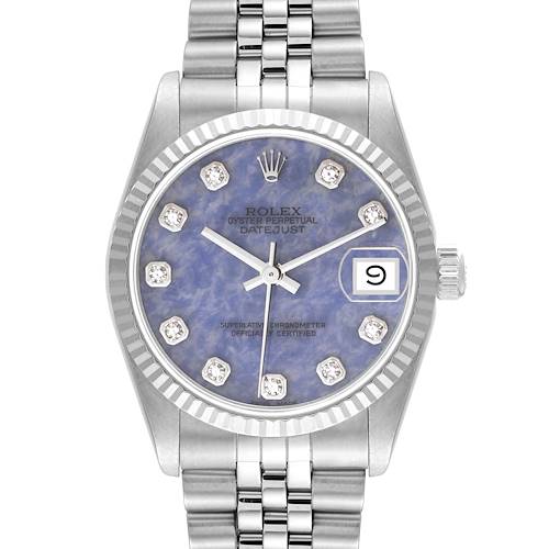 The image shows a front view of the Rolex Datejust Mid-Size watch with a blue dial and diamond hour markers.