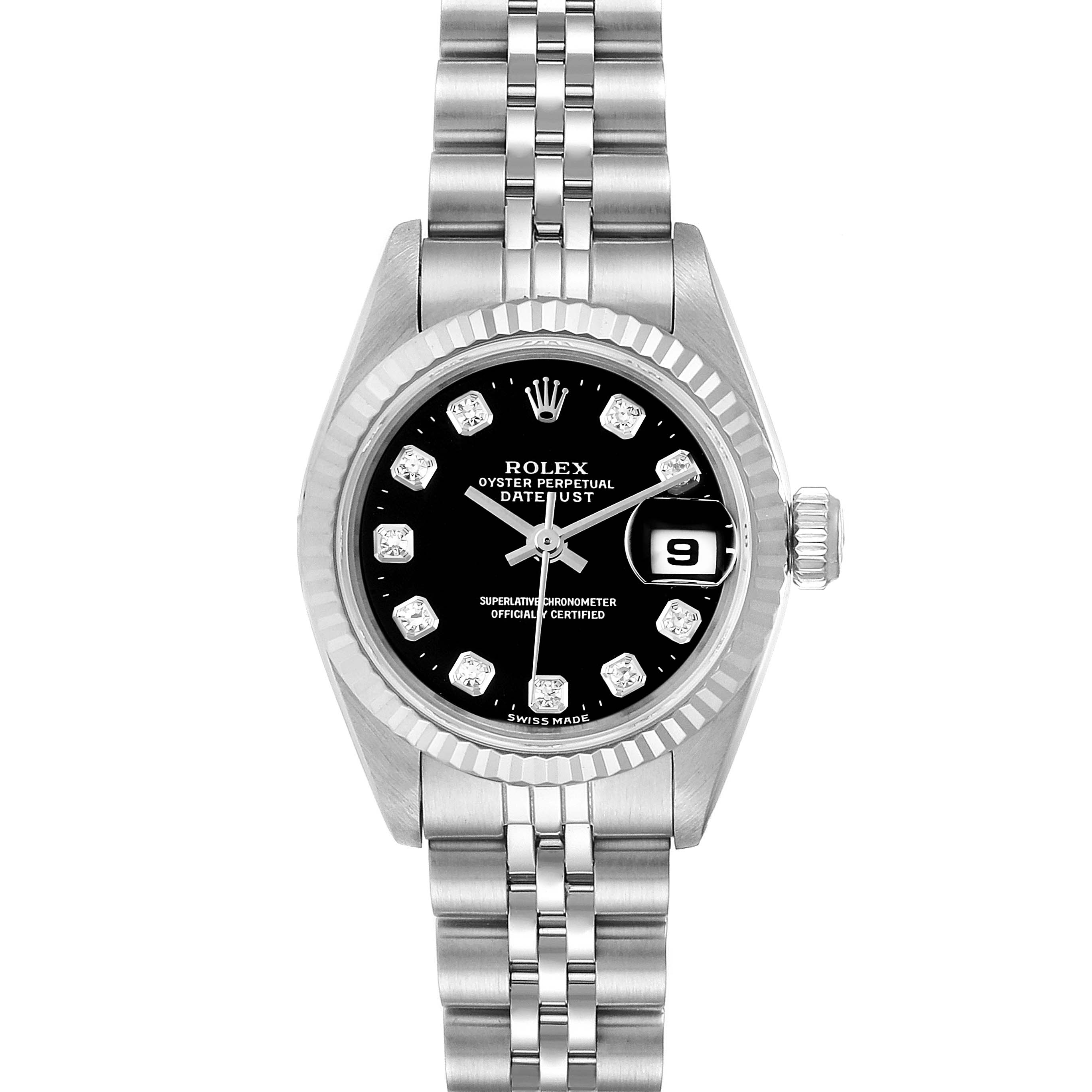 This image shows a front view of a Rolex Datejust 69174 Women's Stainless Steel Black Dial 69174 Women's Stainless Steel Black Dial watch displaying the dial, bezel, hands, date, and bracelet.