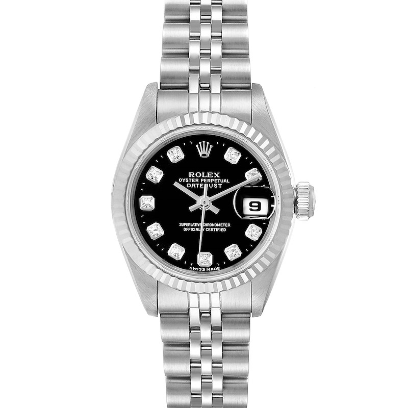 This image shows a front view of a Rolex Datejust 69174 Women's Stainless Steel Black Dial 69174 Women's Stainless Steel Black Dial watch displaying the dial, bezel, hands, date, and bracelet.