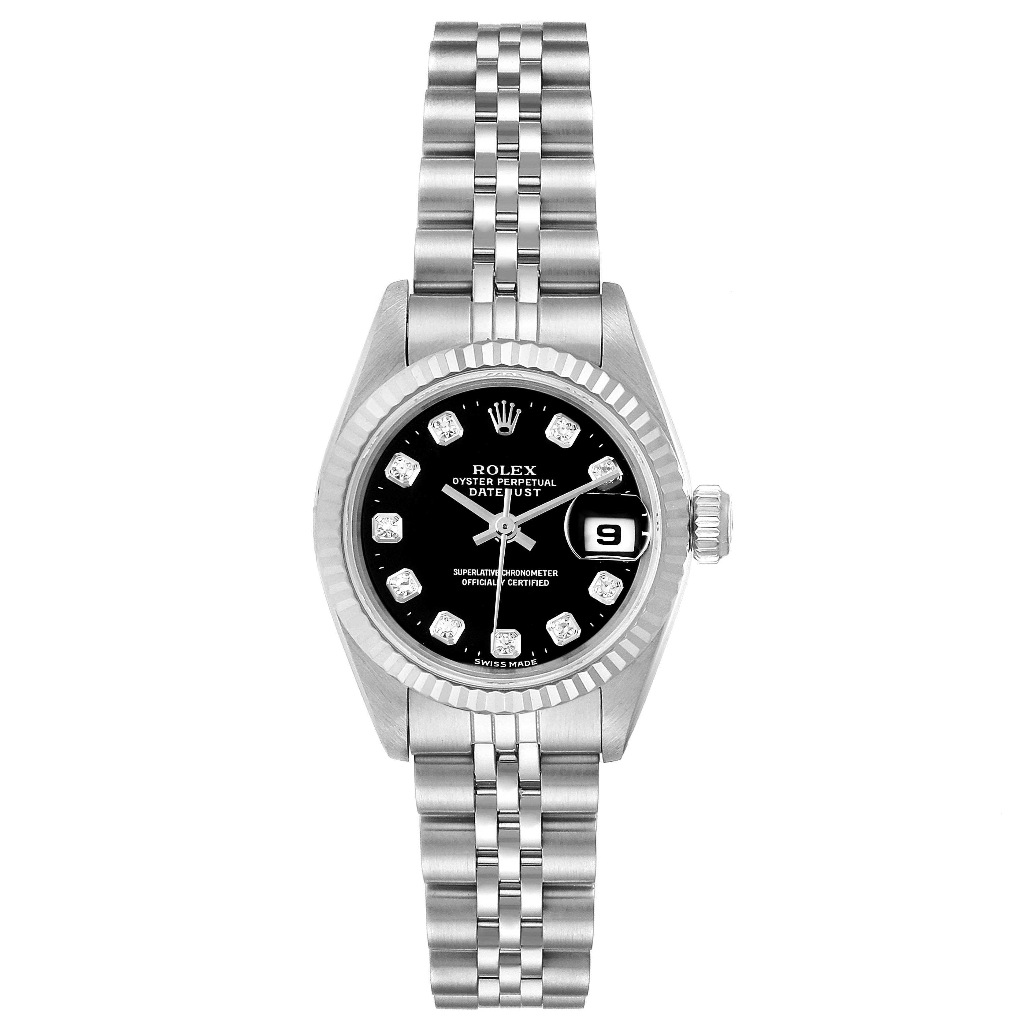 This image shows a Rolex Datejust 69174 Women's Stainless Steel Black Dial 69174 Women's Stainless Steel Black Dial watch from a top-down angle, highlighting its dial, case, bezel, and bracelet.
